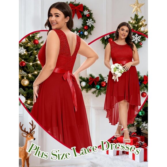 BeryLove Women Red Chiffon Scoop Neck Sleeveless Lace Cocktail Dresses - Picture 4 of 7